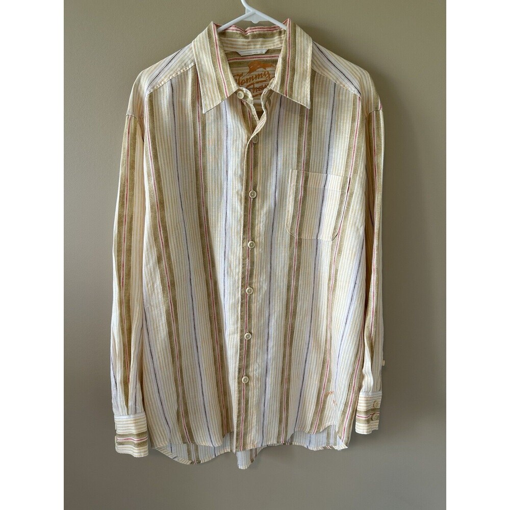 Tommy Bahama Relax Men's L 100% Linen Yellow Orange Striped Button Down Shirt